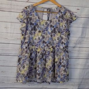 Lucky Brand lined Floral babydoll cap sleeve top small